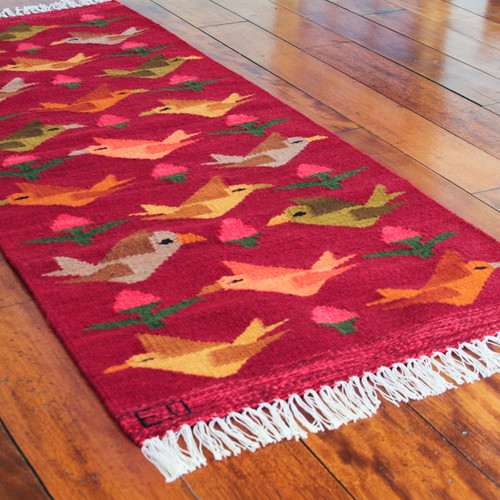 Peruvian Handwoven Red Wool Rug with Birds 'Red Birds on the Wing'