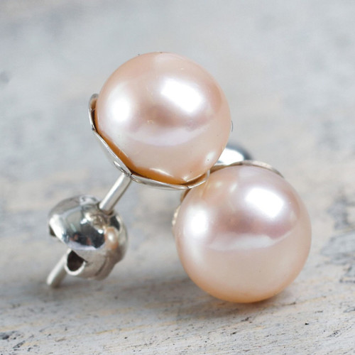 Pink Cultured Pearl Handcrafted Stud Earrings from Peru 'Pink Nascent Flower'