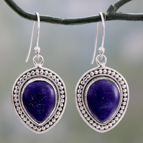 Artisan Crafted Lapis Lazuli Indian Dangle Earrings 'Royal Droplets'