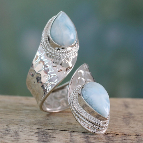 Wrap Style Ring in Sterling Silver with Larimar Gems 'Dreamy Duo'
