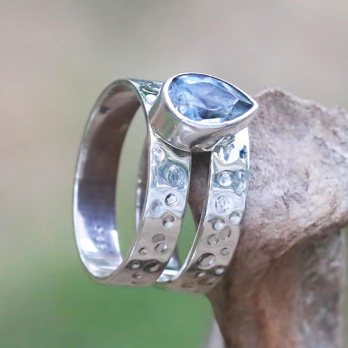 Artisan Crafted Blue Topaz and Sterling Silver Cocktail Ring 'Blue Drop'