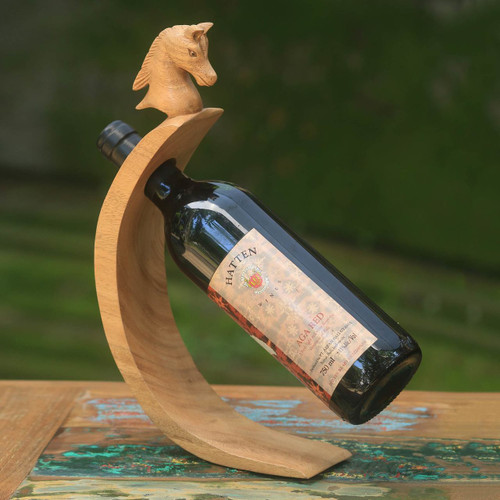 Horse Theme Carved Wood Wine Bottle Holder from Bali 'Brown Balinese Pony'