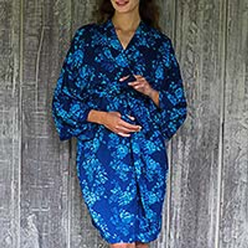 Blue Batik Flowers Balinese Rayon Short Cross Over Robe 'Gorgeous in Cyan'