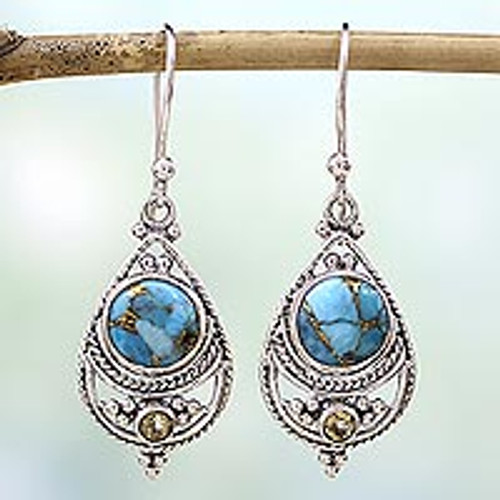 Citrine Composite Turquoise Dangle Earrings from India 'Blue Adoration'