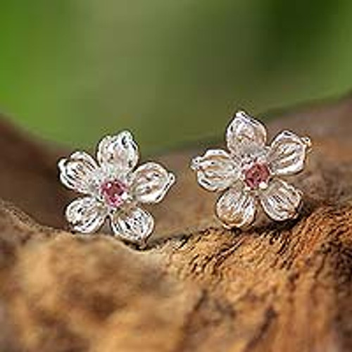 Sterling Silver Pink Tourmaline Floral Stud Earrings 'Winter Blooms'