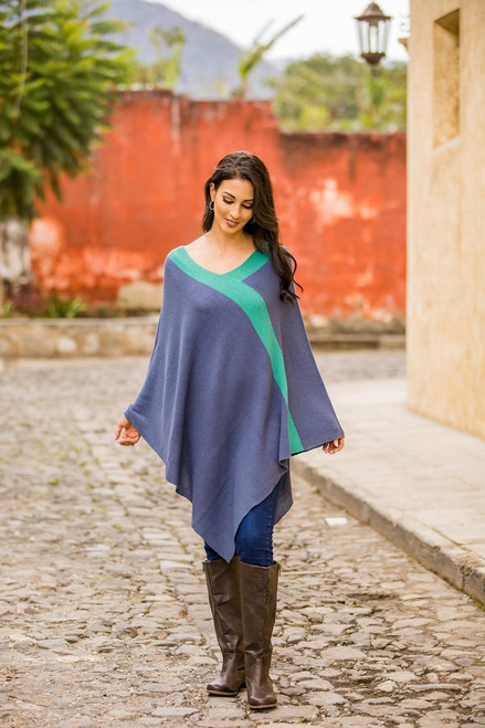 Peruvian Knit Bohemian Drape Poncho in Blue and Green 'Blue and Green Twilight'