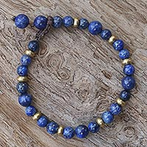 Lapis Lazuli and Brass Beaded Bracelet from Thailand 'Beautiful Thai in Blue'