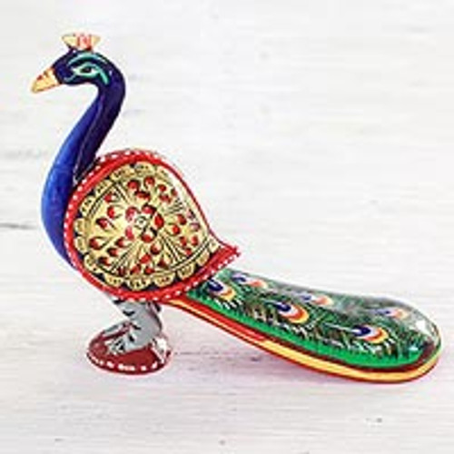 Hand Carved Multicolored Peacock Figurine from India 'Posturing Peacock'