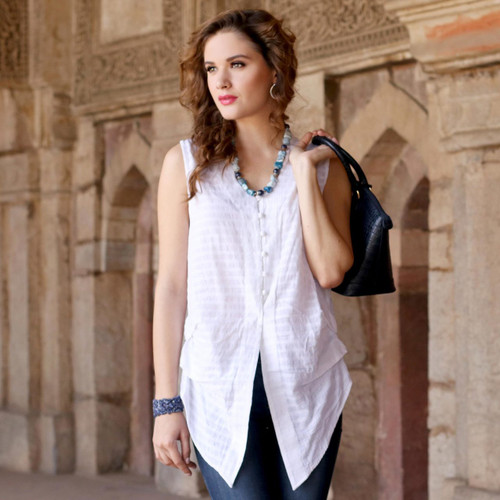 Casual White Cotton Queen Anne Sleeveless Blouse 'Gentle Breeze'