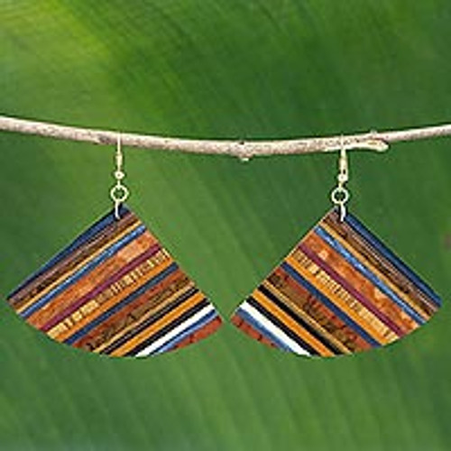 Handcrafted Fan-Shaped Wood Dangle Earrings from Brazil 'Striped Fans'