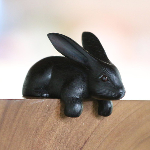 Handcrafted Suar Wood Rabbit Sculpture in Black from Bali 'Curious Rabbit in Black'