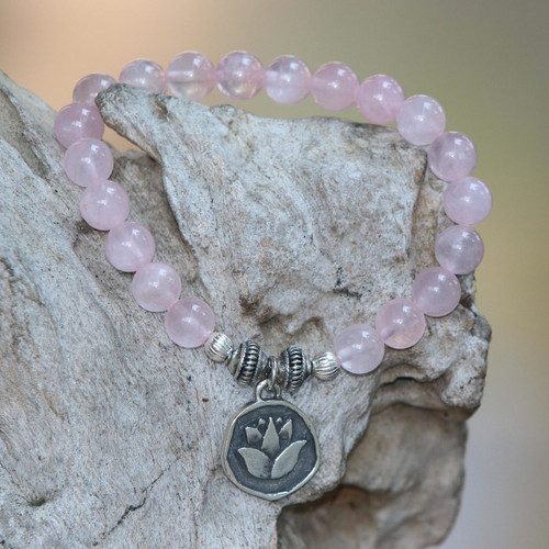 Rose Quartz and Lotus Charm Beaded Bracelet from BAli 'Lotus Burst'