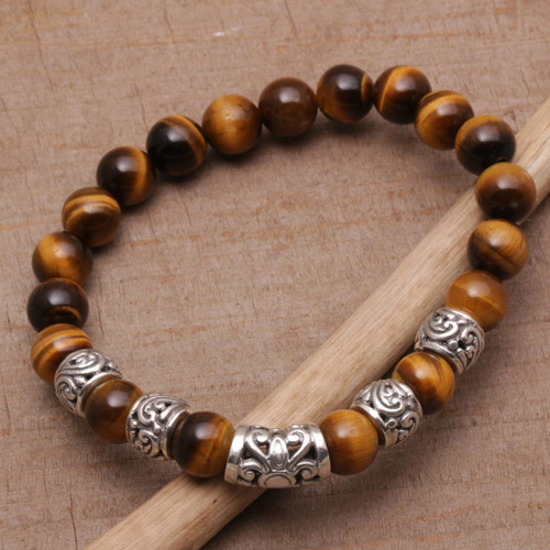 Tiger's Eye Beaded Stretch Bracelet from Bali 'Earthen Temple'