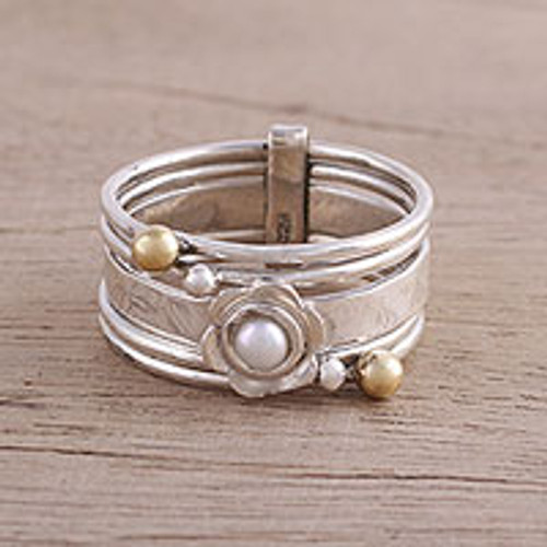 Cultured Pearl and Sterling Silver Meditation Spinner Ring 'Luminous Floral'