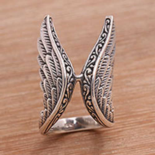 Handcrafted Sterling Silver Feathered Wings Ring 'Winged Glory'