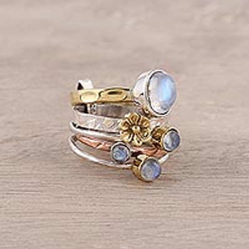 Mixed Metals Floral Rainbow Moonstone Ring from India 'Rain Flowers'