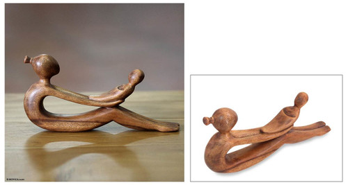 Artisan Crafted Mother and Child Wood Sculpture 'A Mother's Love'