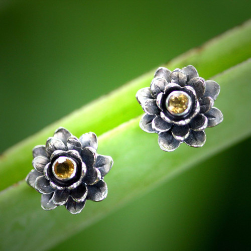 Floral Citrine Sterling Silver Button Earrings 'Golden-Eyed Lotus'