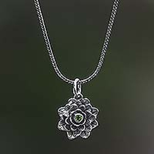 Floral Sterling Silver and Peridot Pendant Necklace 'Sacred Green Lotus'