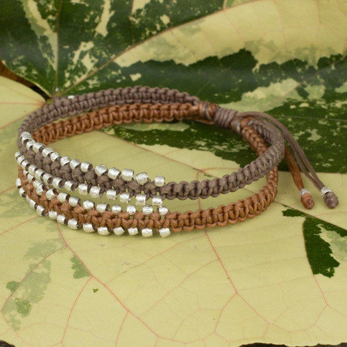 Artisan Crafted Braided Bracelet with Silver Plated Beads 'Khaki Brown Urban Siam'