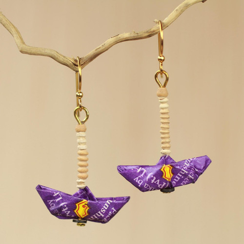 Sailboat Earrings Crafted by Hand with Recycled Paper 'Purple Boats'