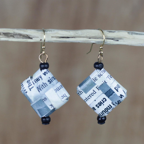 Text-Themed Recycled Paper Dangle Earrings from Ghana 'Avid Reader'