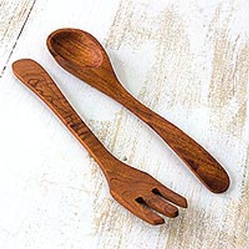 Artisan Handmade Salad Serving Spoon and Fork Set 'Forest Song'