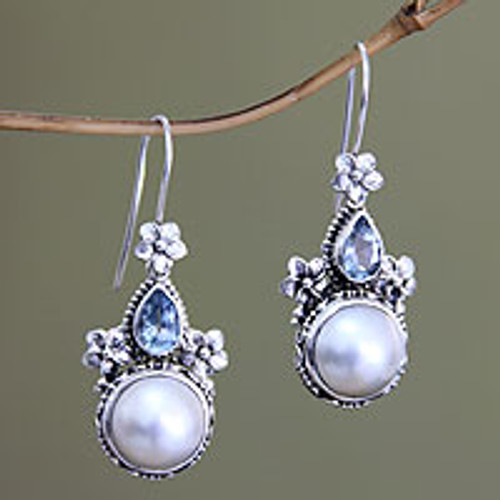 Sterling Silver Pearl and Blue Topaz Earrings from Bali 'Frangipani Trio'