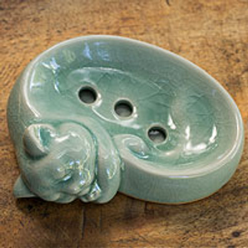 Celadon Ceramic Soap Dish Crafted by Hand in Thailand 'Light Blue Napping Kitty'