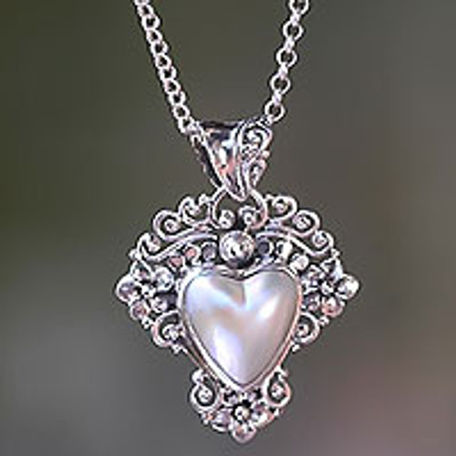 Sterling Silver and Heart-Shaped Pearl Pendant Necklace 'Heart in Bloom'
