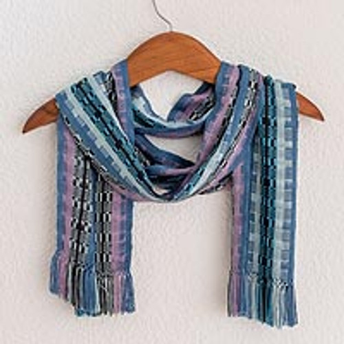 Guatemalan Rayon Chenille Scarf Hand Woven in Shades of Blue 'Blue Nights'