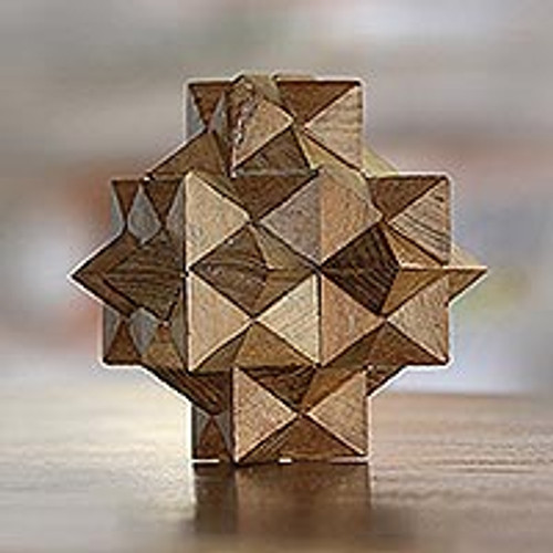 Challenging Teakwood Mini Puzzle from Javanese Artisan '3D Star'