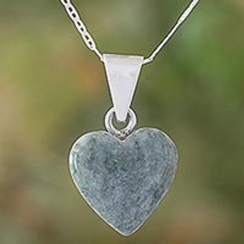 Light Green Jade Silver Heart Pendant Necklace Guatemala 'Mayan Heart in Light Green'