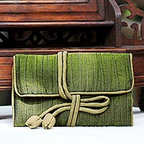 Hand Woven Silk and Rayon Blend Thai Jewelry Roll in Olive 'Enchanted Journey in Olive'