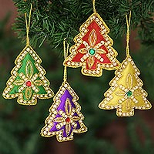 Set of Four Multicolored Christmas Tree Ornaments from India 'Colorful Trees'