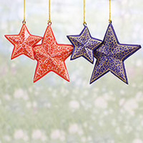 Four Blue and Red Papier Mache Star Ornaments from India 'Starry Delight'