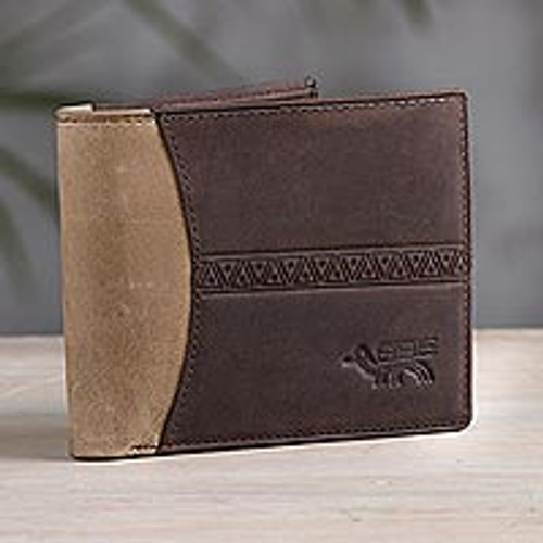 Handcrafted Leather Wallet in Espresso and Tan from Peru 'Ancient Bird in Espresso'