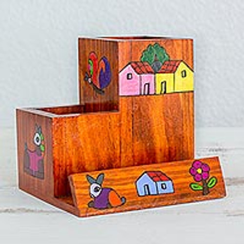 Wood Desk Organizer Pine Hand Painted El Salvador 'Flora and Fauna'