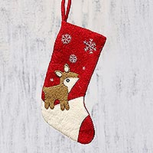 Handcrafted Reindeer-Themed Wool Stocking from India 'Snowy Eve'