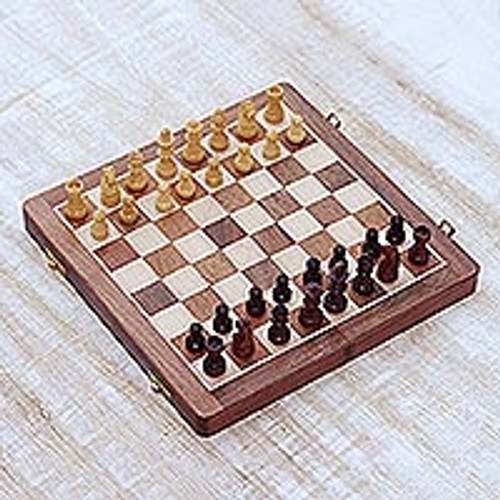 Wood Travel Chess Set with Board Folding into Storage Case 'Strategist'