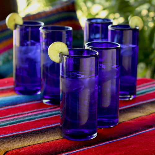 Blue Handblown Glass Cocktail Drinkware Set of 6 'Pure Cobalt'