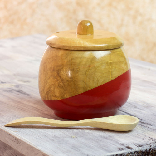 Dip Painted Hand Carved Wood Sugar Bowl 'Sweet Red'