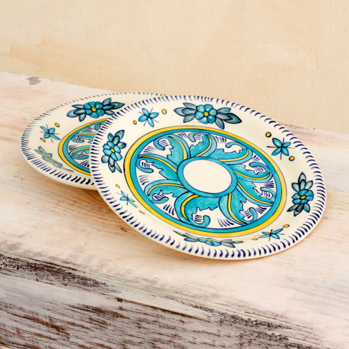 Handcrafted Turquoise Ceramic 9.5 Inch Plates Pair 'Quehueche'