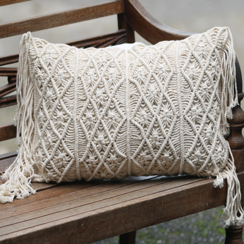 Small Handwoven Cotton Cushion Cover in Ecru from Bali 'Fishermans Weave'