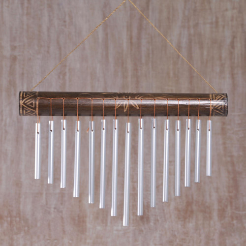 Bamboo and Aluminum Floral Wind Chimes from Bali 'Melodic Blossom'