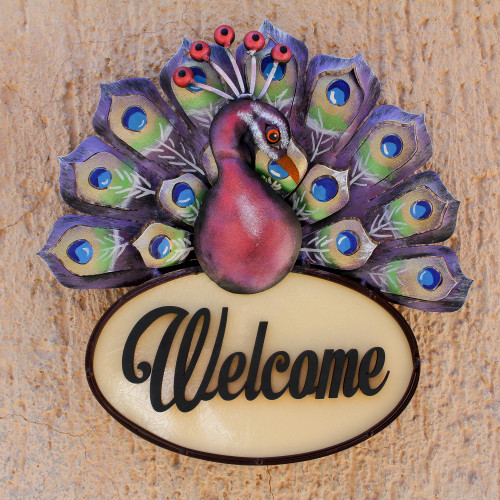 Burgundy Peacock Steel and Wood Welcome Sign from Mexico 'Welcoming Peacock'