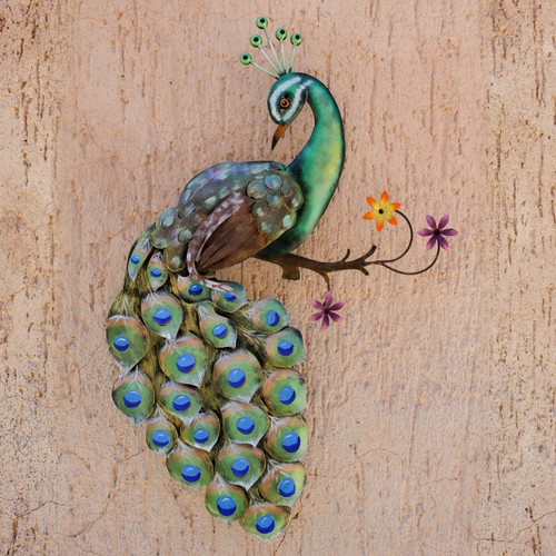 Artisan Crafted Steel Peacock Wall Sculpture from Mexico 'Flaunting Peacock'