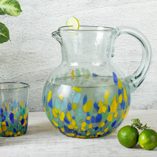 Colorful Recycled Glass Pitcher Crafted in Mexico 'Ocean Confetti'