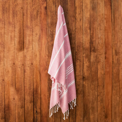 Striped Cotton Beach Towel in Crimson from Guatemala 'Sweet Relaxation in Crimson'