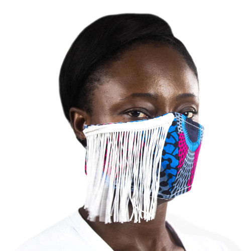 African Print Elastic Headband Cotton Face Mask with Fringe 'Celebrate Life'